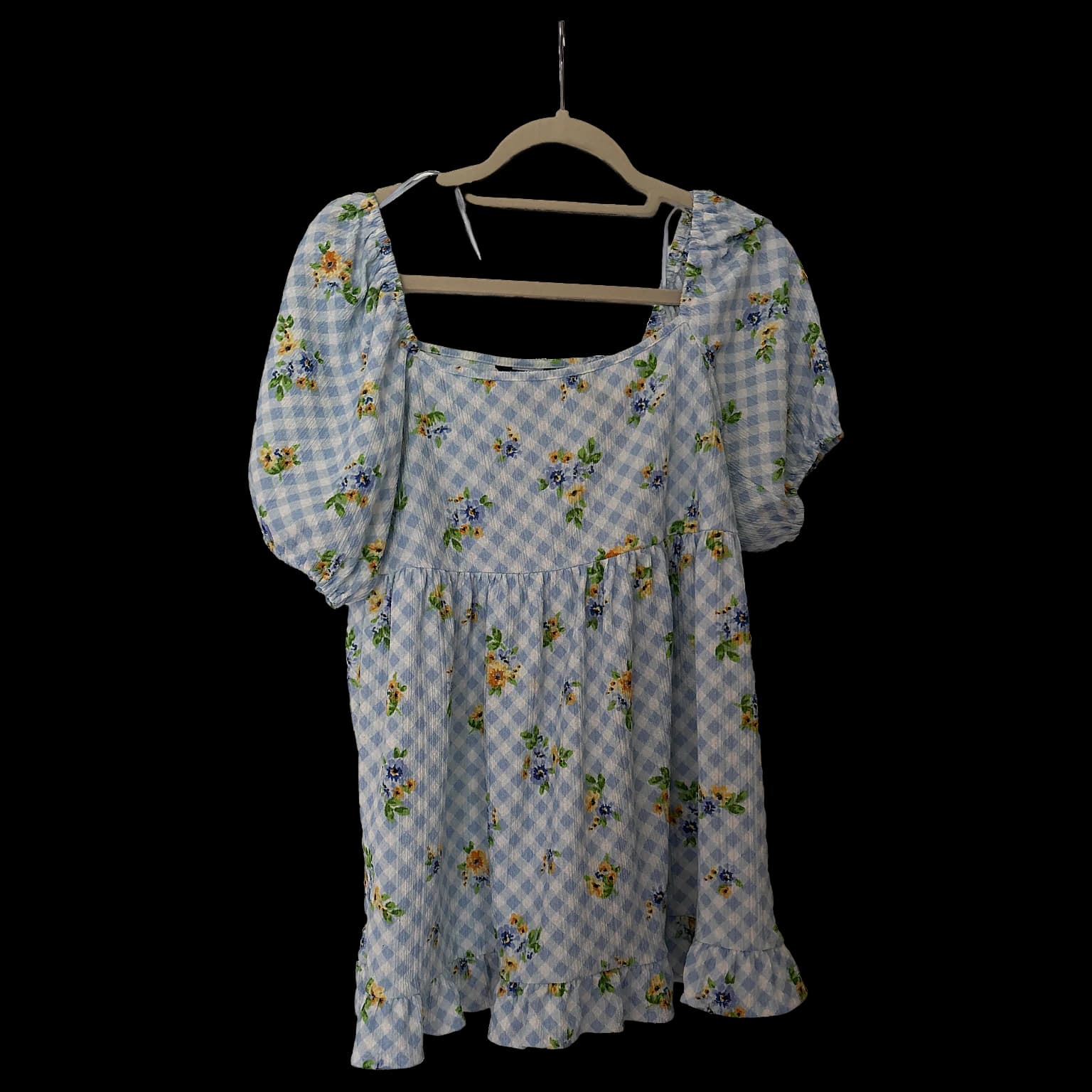 Blue Gingham Floral Puff Sleeve Babydoll Top