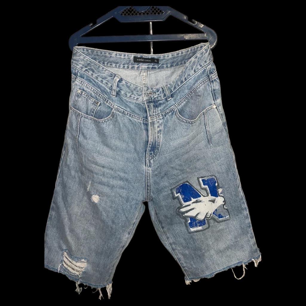 Blue Distressed Denim Shorts with Graphic Patch